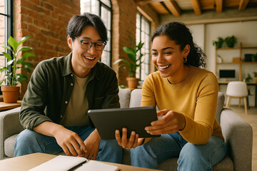 Smiling students and a couple use laptops and tablets together for online learning and communication