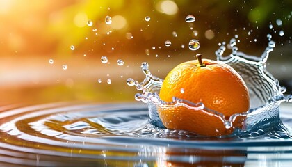 An orange falls into water, creating a splash and ripples, with a bright, blurred background.