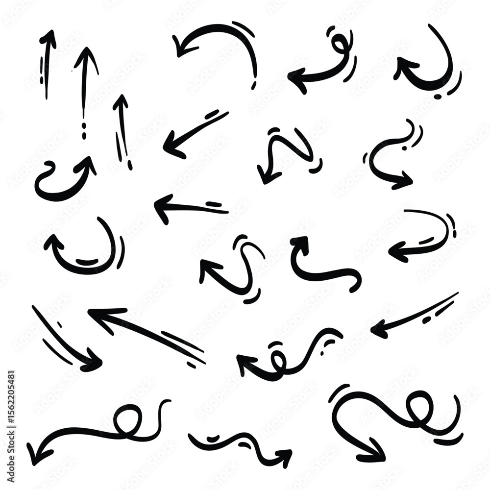 Poster handdrawn set of arrows in various shapes and directions outlined with rough edges