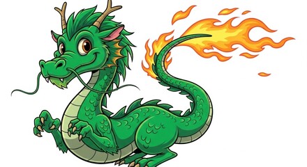 Fototapeta premium Cute Green Dragon with Fire Tail and Horns