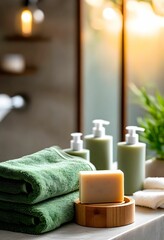 Spa-like bathroom setting with green towels, natural soap, and body care products.
