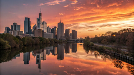 Fototapeta premium Philadelphia Skyline Sunset Reflection Amazing Cityscape