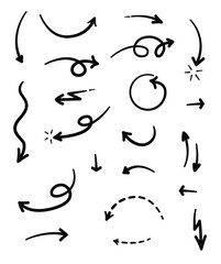 Collection of 19 handdrawn arrows pointing in different directions lines vary from straight to curved