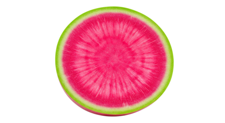 Sliced watermelon radish showcasing vibrant pink flesh and green rind detail