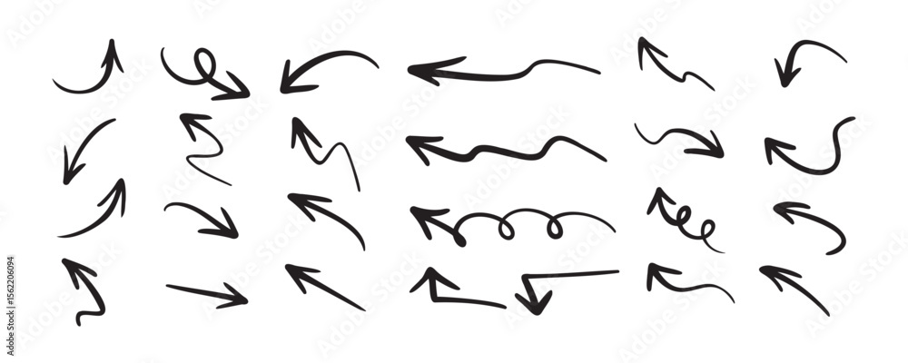 Poster graphic contains 24 varied black handdrawn style arrows pointing in different directions set against
