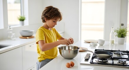 Young Boy Cracking Eggs in Bright Kitchen for Cooking Pancakes.