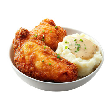 Crispy golden fried chicken pieces served with creamy mashed potatoes and gravy isolated on transparent background