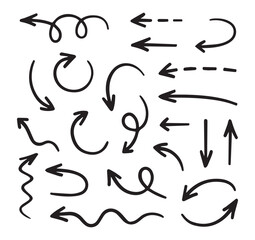 A collection of handdrawn black arrows of various shapes and directions isolated on a white background