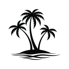 Three Palm Trees on Island Silhouette Tropical Vacation Summer Paradise Beach Scene Exotic Island  Ocean Waves Black and White Illustration