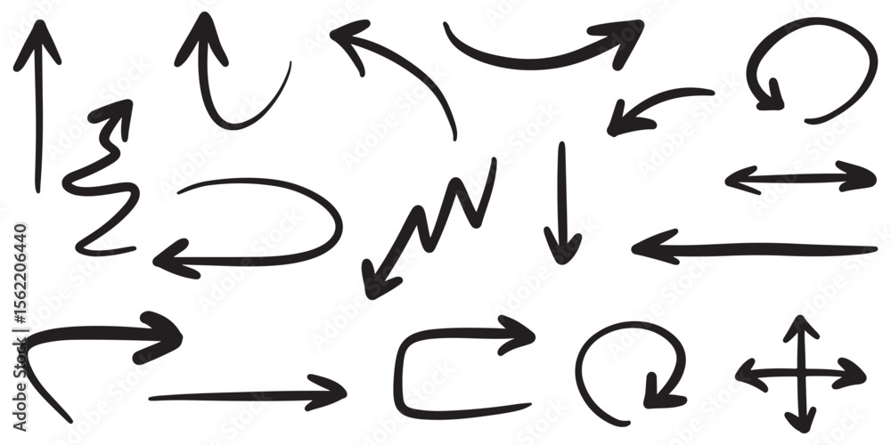 Poster black handdrawn arrows of varied shapes pointing in multiple directions on a white background