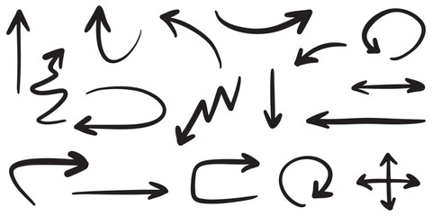 Black handdrawn arrows of varied shapes pointing in multiple directions on a white background