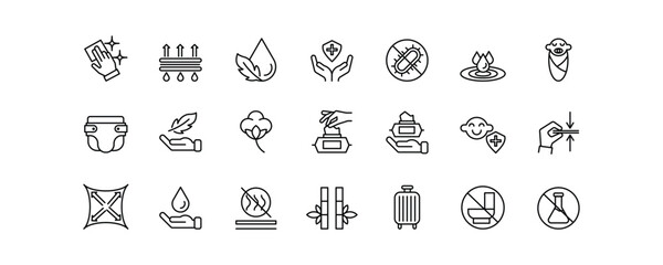 Editable stroke icons showing wet wipes features: antibacterial, moisturizing, baby-safe, fragrance-free, portable, eco-friendly, no chemicals, easy to use and gentle on skin.