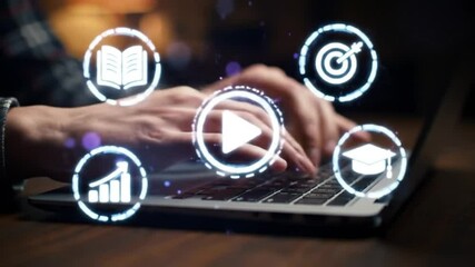 Online Education Concept Person Typing on Laptop with Animated Learning Icons Overlaying Keyboard - Powered by Adobe