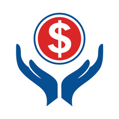 Blue hands cradle red dollar coin money finance