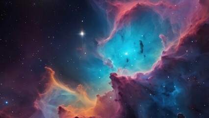 A breathtaking nebula bursts with vibrant colors of pink, blue, and orange, set against a backdrop of twinkling stars