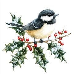 Obraz premium Watercolor Bird Perched on Holly Branch with Red Berries and Snow