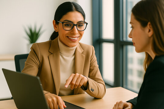 Two smiling businesswomen are working together on a laptop in an office, engaged in a productive discussion