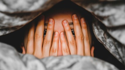 Close-Up Of Young Woman Suffering From Photophobia, Lying In Bed With Face Covered, Avoiding Light Due To Headache, Pain, And Light Sensitivity Symptoms