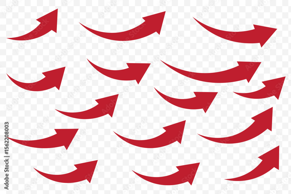 Poster set of red curved arrows in various directions on transparent background. eps 10.