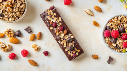 Chocolate granola bar with nuts and raspberries on a light background.