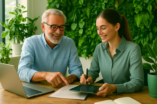Smiling diverse business people of all ages are working together on laptops at a bright office desk