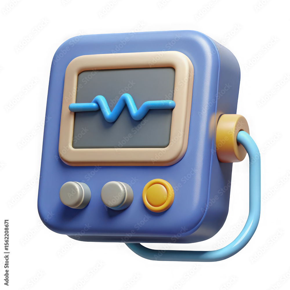 Poster stylized 3d heart monitor with waveform and buttons isolated on transparent background