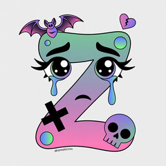 Cute, Sad Letter Z with Bats, a Broken Heart, and Skull Decorated with Gradient Colors