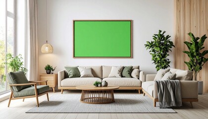 Modern Living Room Interior Design with Green Accent Wall Mockup