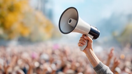 A hand holds a megaphone high above a blurred crowd.  Making an announcement.