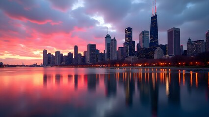 Obraz premium Sunset Glow on Chicago Skyline Reflecting in Water
