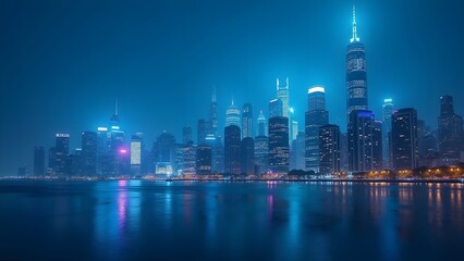 Obraz premium Futuristic Blue-Toned City Skyline at Night with Reflections