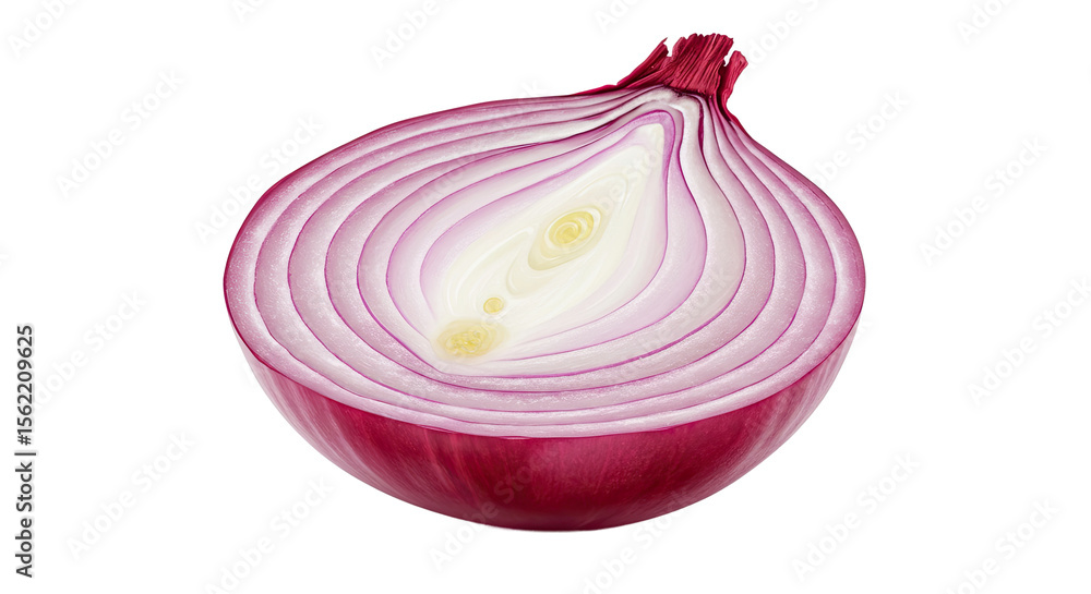 Poster vibrant half red onion revealing its concentric layers on black backdrop