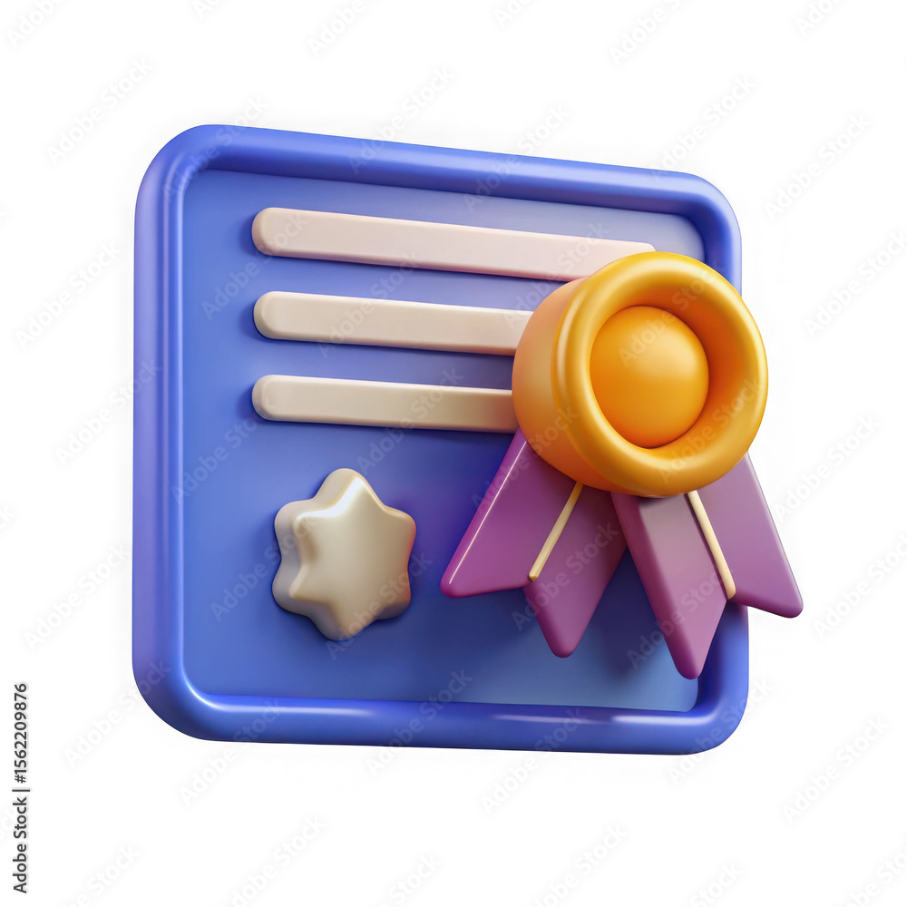 Poster 3d rendered certificate icon with star and ribbon isolated on transparent background