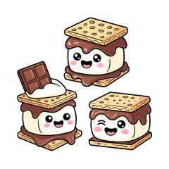 Cute kawaii smores characters with happy expressions and chocolate