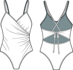 One-Piece Swimsuit Flat Fashion Technical Drawing – Front and Back Detailed Vector Template.