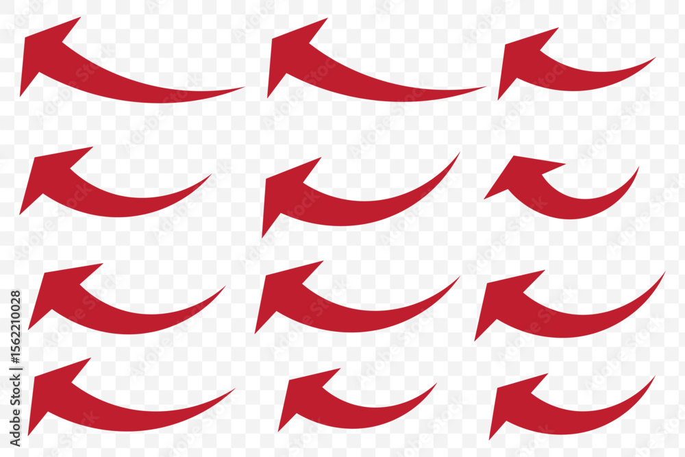 Poster set of red curved arrows in various directions on transparent background. eps 10.