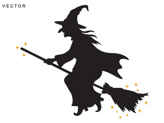 Silhouette of a witch flying on a broomstick vector illustration on a white background