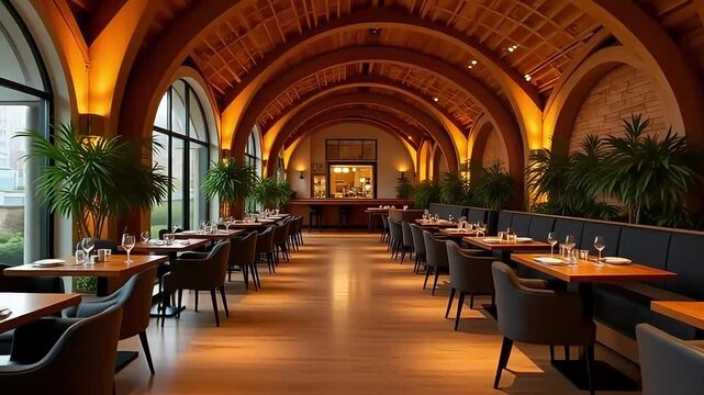 Elegant restaurant ambiance featuring architectural arches and inviting dining tables