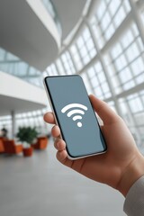Person connects to Wi-Fi on smartphone in modern building.
