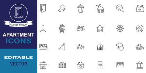 Apartment icon set. Set of public building icon, house, hotel, door, key, architecture, property, construction, real estate and more. Set of 24 line icons related to apartment. Vector illustration.