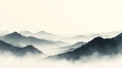 Minimal Japanese Ink Landscape with Rolling Hills and Gentle Mist