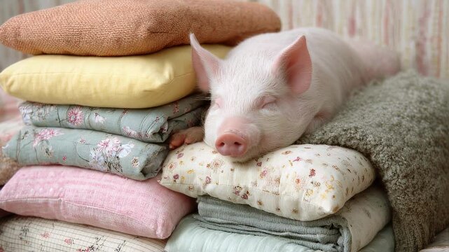 A content pig lying on a pile of plush pillows and blankets, enjoying a welldeserved nap