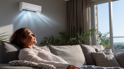 A woman relaxing on a couch with visible relief as cool air blows from a modern wall-mounted air conditioner above in a living room, during the hot summer.