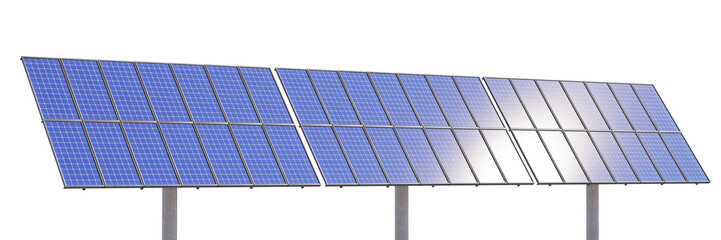 Solar panel row shimmering with the warm rays of a sunrise, isolated on a transparent background....