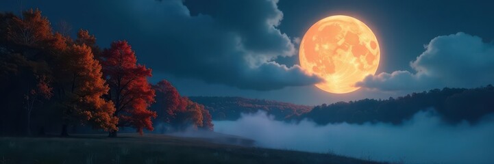Fototapeta premium Enormous moon, glowing autumn trees, mystical fog , night, leaves