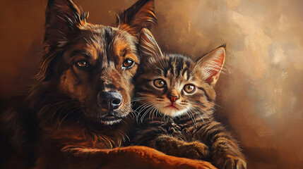 Two adorable cats cuddling together in warm golden sunlight streaming through