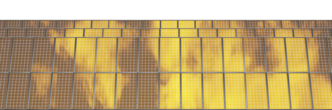Sunset sky reflected on aligned solar panel rows, isolated on a transparent background. 3D illustration.