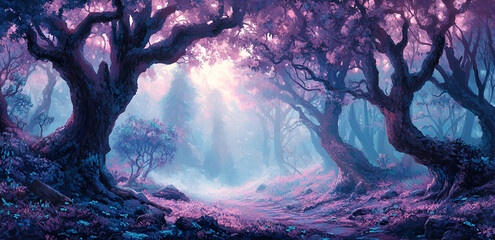 Enchanted forest path winding through purple flowering trees with magical lighting
