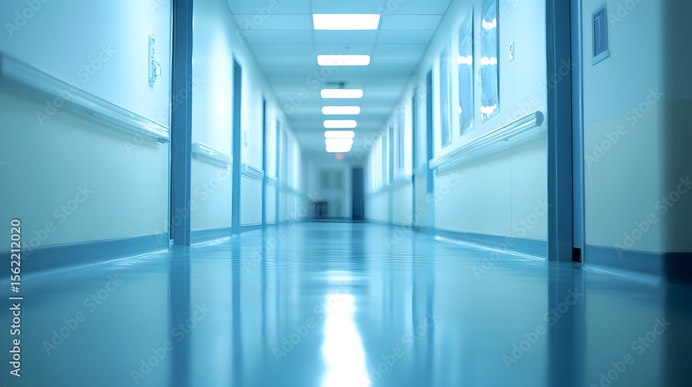 Poster empty hospital corridor extending into the distance.