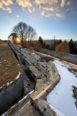 Fort Leone: concrete trench with machine gun emplacement. Mount Cima Campo, Arsiè, Belluno, Veneto, Italy.